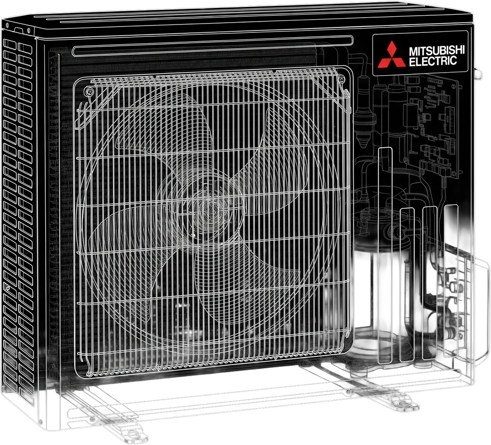 Vue filaire d'une unité extérieure de pompe à chaleur Mitsubishi Electric