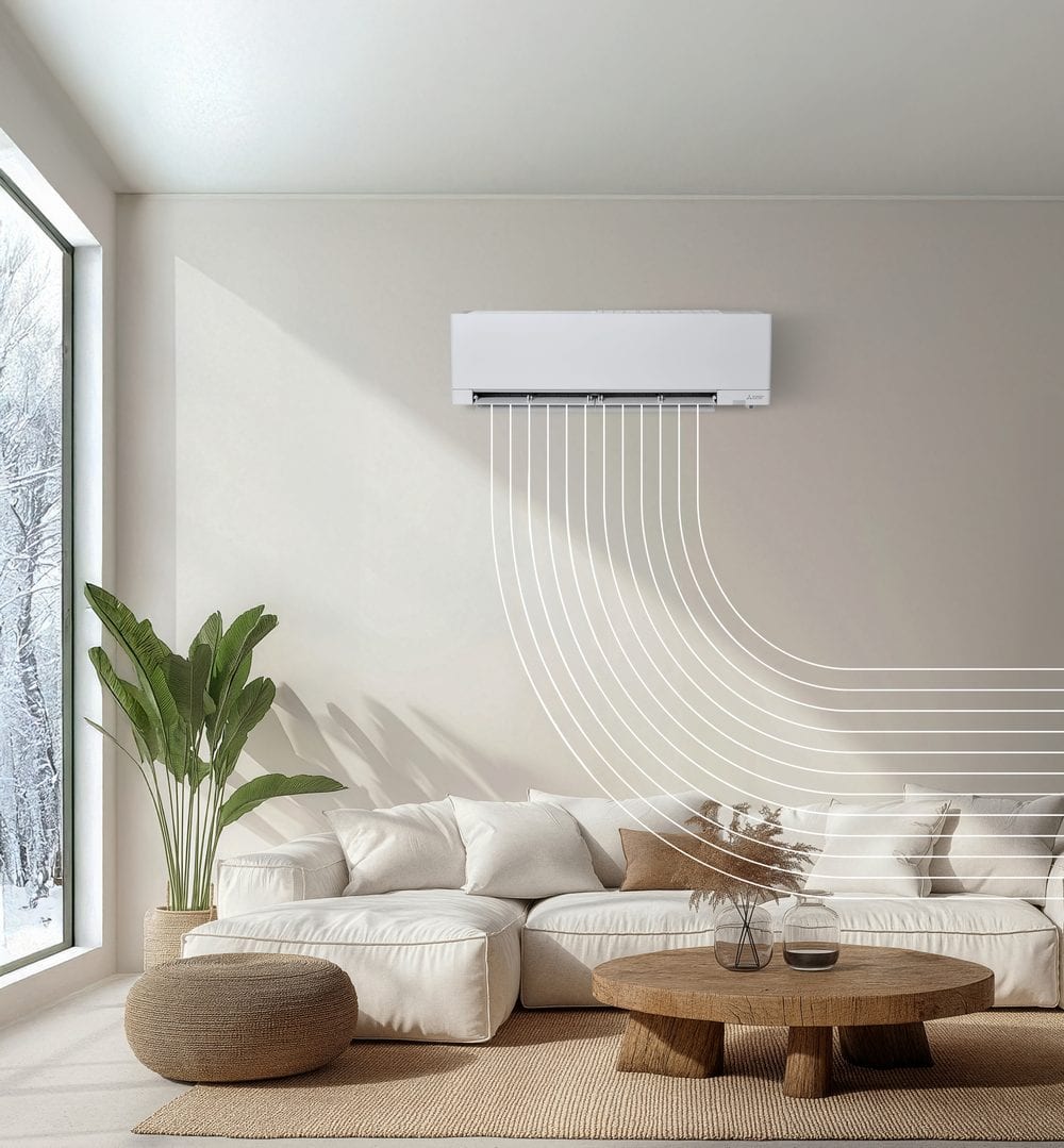 Salon lumineux équipé d'une unité intérieure murale Mitsubishi Electric